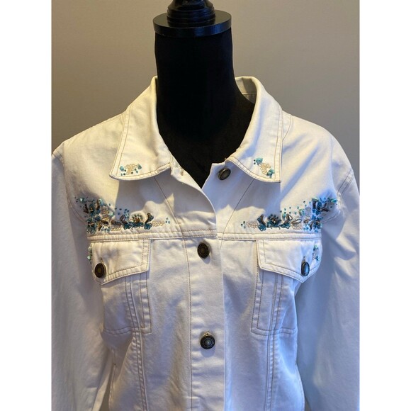 Denim & Co Jean Jacket Womens White Plus Size XL Western Beadwork Pockets - Picture 2 of 12